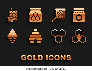 Set Hive for bees, Jar of honey, Honeycomb, dipper stick with dripping, Bee and honeycomb and  icon. Vector