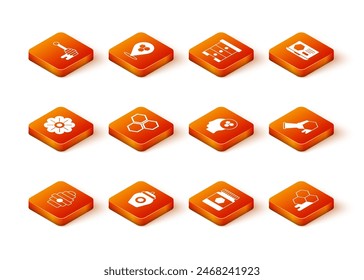 Set Hive for bees, Jar of honey, Flower, Honeycomb, Beekeeper,  and and hand icon. Vector