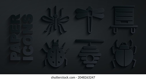 Set Hive for bees, Mite, Dragonfly and Mosquito icon. Vector