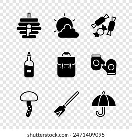 Set Hive for bees, Sun and cloud weather, Candy, Mushroom, Handle broom, Umbrella, Bottle of wine and School backpack icon. Vector