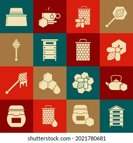 Set Hive for bees, Tea kettle with honey, Bee and honeycomb, Honey dipper stick, Beekeeper protect hat and Honeycomb icon. Vector