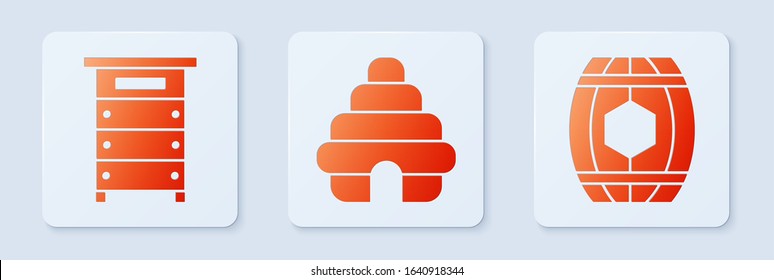 Set Hive for bees, Hive for bees and Wooden barrel with honey. White square button. Vector
