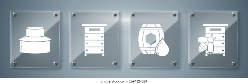 Set Hive for bees, Wooden barrel with honey, Hive for bees and Beekeeper with protect hat. Square glass panels. Vector