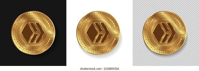 Set of Hive (HIVE) crypto currency logo symbol vector isolated on white, dark and transparent background. Can be used as golden coin sticker, icon, label, badge, print design and emblem