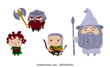 set. a hobbit, a dwarf with a battle ax, an elf with a bow and arrow, and a wizard in a gray robe with a staff and a hat Cartoon character Vector stock animation White background svg
