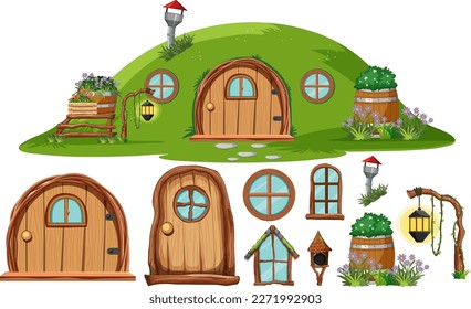 Set of hobbit house element decoration illustration svg