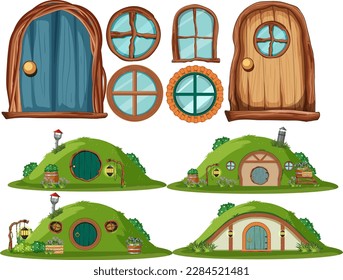 Set of hobbit house with seperate door and window illustration svg