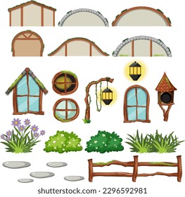 Set of hobbit house with seperate door and window illustration