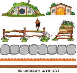 Set of hobbit house with seperate door and window illustration