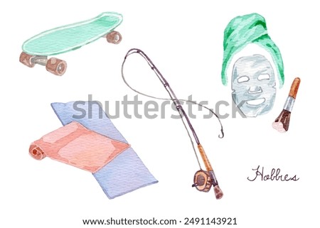 Set of hobby elements in watercolor style