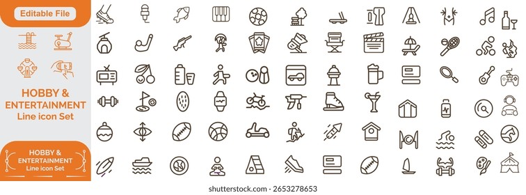 Conjunto de Hobby, Entretenimento, ícones de linha de estilo de vida. Coleção de ilustrações finas de icons de estrutura de tópicos.Vetor. ícone Linha Definir, Traçado editável. 