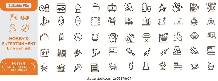 Conjunto de Hobby, Entretenimento, ícones de linha de estilo de vida. Coleção de ilustrações finas de icons de estrutura de tópicos.Vetor. ícone Linha Definir, Traçado editável. 