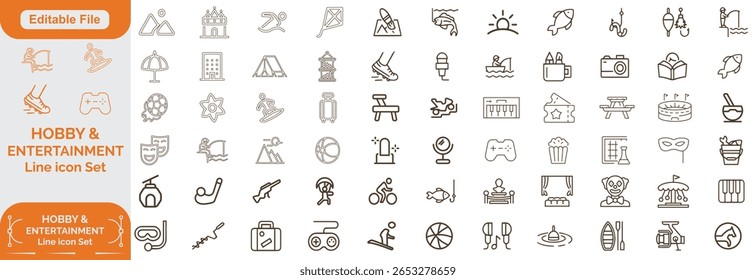 Conjunto de Hobby, Entretenimento, ícones de linha de estilo de vida. Coleção de ilustrações finas de icons de estrutura de tópicos.Vetor. ícone Linha Definir, Traçado editável. 
