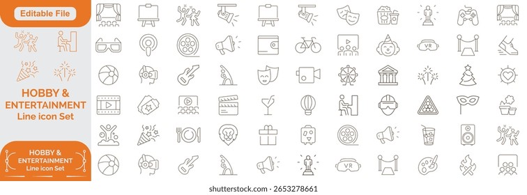 Conjunto de Hobby, Entretenimento, ícones de linha de estilo de vida. Coleção de ilustrações finas de icons de estrutura de tópicos.Vetor. ícone Linha Definir, Traçado editável. 