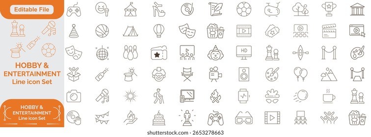 Conjunto de Hobby, Entretenimento, ícones de linha de estilo de vida. Coleção de ilustrações finas de icons de estrutura de tópicos.Vetor. ícone Linha Definir, Traçado editável. 