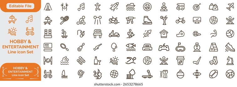 Conjunto de Hobby, Entretenimento, ícones de linha de estilo de vida. Coleção de ilustrações finas de icons de estrutura de tópicos.Vetor. ícone Linha Definir, Traçado editável. 