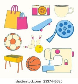 Set Hobby und Free Time Activity Simple Flat Line Illustration