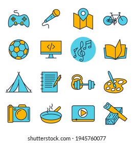 Set of hobby icon. Hobbies for children or people at home and outdoors. Sports, reading, drawing, music and singing, photo and video symbol template for graphic and web design collection logo vector