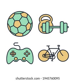 Set of hobby icon. Hobbies for children or people at home and outdoors. Sports, reading, drawing, music and singing, photo and video symbol template for graphic and web design collection logo vector