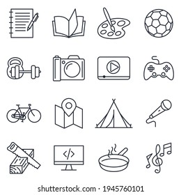 Set of hobby icon. Hobbies for children or people at home and outdoors. Sports, reading, drawing, music and singing, photo and video symbol template for graphic and web design collection logo vector