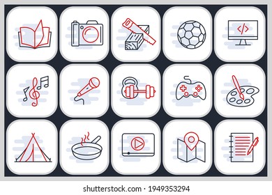 Set of hobby icon. Hobbies for children or people at home and outdoors. Sports, reading, drawing, music and singing, photo and video symbol template for graphic and web design collection logo vector