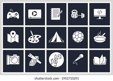 Set of hobby icon. Hobbies for children or people at home and outdoors. Sports, reading, drawing, music and singing, photo and video symbol template for graphic and web design collection logo vector