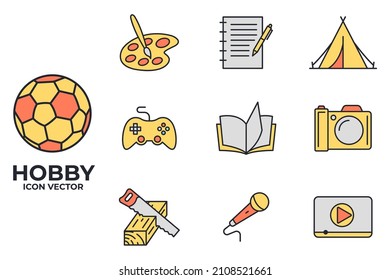Set hobby icon. Hobbies for children or people at home and outdoors. Sports, reading, drawing, symbol template for graphic and web design collection logo vector illustration