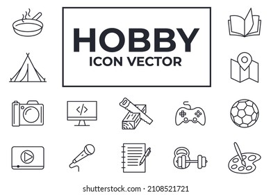 Set hobby icon. Hobbies for children or people at home and outdoors. Sports, reading, drawing, symbol template for graphic and web design collection logo vector illustration