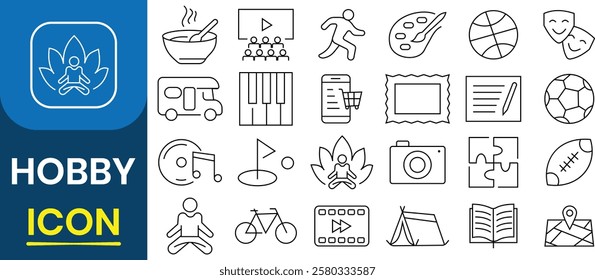 Set of Hobby icon. Sports, music, dancing, yoga, artificial cooking, photography, acting, traveling, hiking, fishing, reading, phone shopping. Vector illustration.