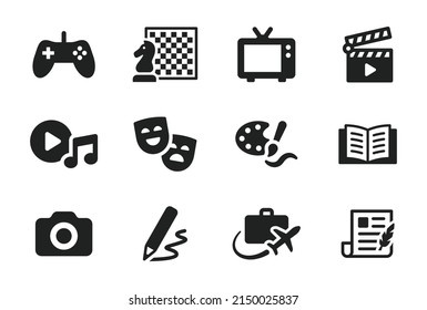 Set of hobby icon vector. Containing console game, chess, television, movie, music, theater, painting, reading, camera, drawing, traveling and writing icon design.