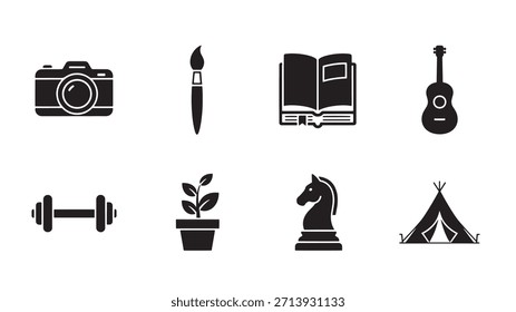 Set of hobby icons. Camera, brush, book, guitar, dumbbell, potted plant, chess knight, and tent. Vector illustration design elements.