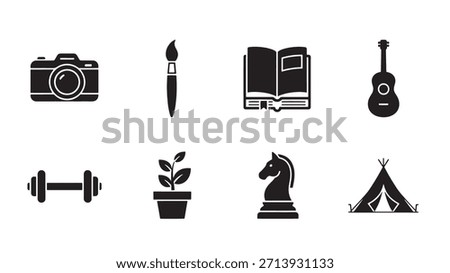 Set of hobby icons. Camera, brush, book, guitar, dumbbell, potted plant, chess knight, and tent. Vector illustration design elements.