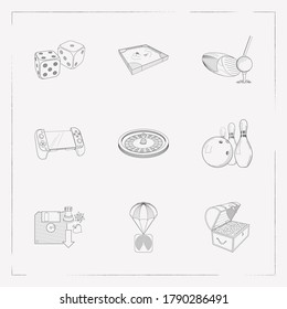 Set of hobby icons line style symbols with chest of jewellery, sandbox, dice icons for your web mobile app logo design.