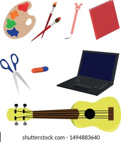 Set hobby items. Drawing, music and games. Reading, poems and skill.
