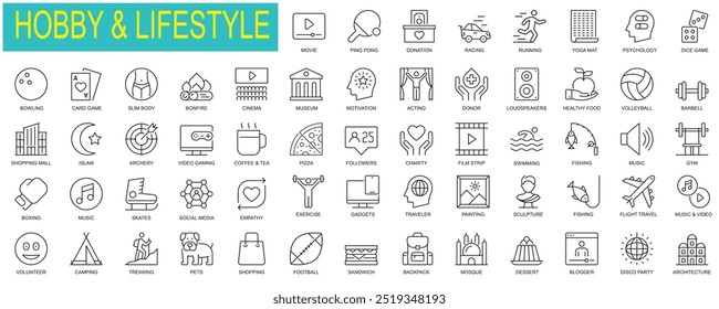 Set of Hobby and lifestyle web icons in outline design. Pack of exercise, gadget, traveler, sculpture, museum, gym, social media, psychology, game, other outline stroke pictograms.