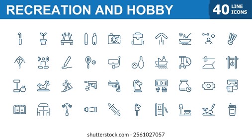 Set of Hobby line icons. It contains symbols to activity, camera, writing, camping, reading, ball and more. Minimalistic icon. Vector illustration.