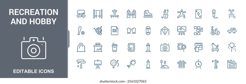 Set of Hobby line icons. It contains symbols to activity, camera, writing, camping, reading, ball and more. Minimalistic icon. Vector illustration.