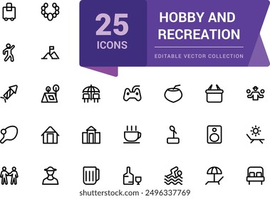 Set of Hobby and Recreation icons. Related to entertainment, lifestyle line icons. Collection of thin outline icons. Vector illustration.