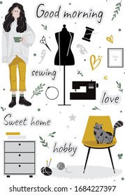 Set - hobby. Sewing, handmade, Sweet home. Great for postcards, textiles, stickers. Vector children's illustration.
