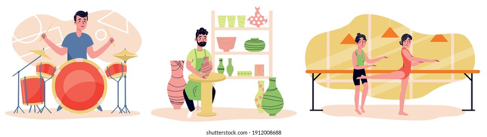 Set of hobby and time spending. Man plays the drums, makes a clay jug and a ballerina is dancing. Vector illustration in flat style.