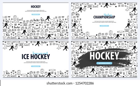 Set of Hockey backgrounds with doodle elements. Vector illustration