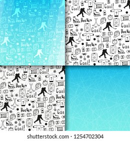 Set of Hockey backgrounds with doodle elements and ice rink. Vector illustration