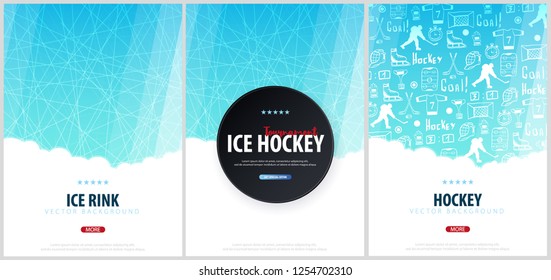 Set of Hockey backgrounds with puck and doodle elements. Vector illustration