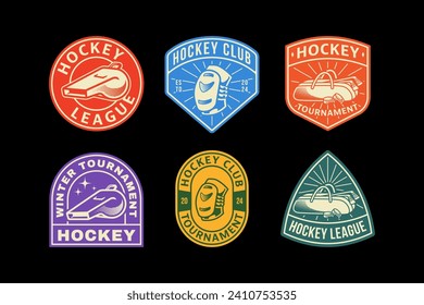 set of hockey badge logos with hockey bag and whistle and knee pads element design for hockey team and league and champion