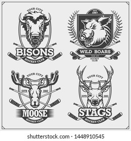 Set of hockey badges, labels and design elements. Sport club emblems with deer, bison, elk and wild boar. Print design for t-shirts.