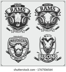 Set of hockey badges, labels and design elements. Sport club emblems with bull, bison and ram. Print design for t-shirts.
