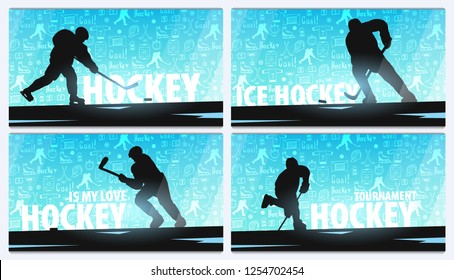 Set of Hockey banners with player and doodle elements on the background. Vector illustration