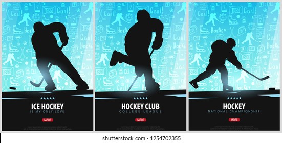 Set of Hockey banners with players and doodle elements on the background. Vector illustration