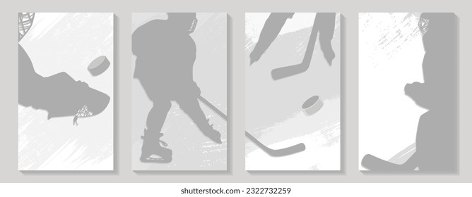 Set of hockey cards with silhouettes of hockey players in shades of gray. Vector illustration. Simple, minimalistic, sport cards.
