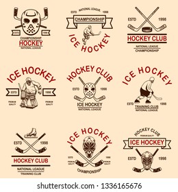Set of hockey club emblems. Design element for logo, label, sign, t shirt, poster. Vector illustration